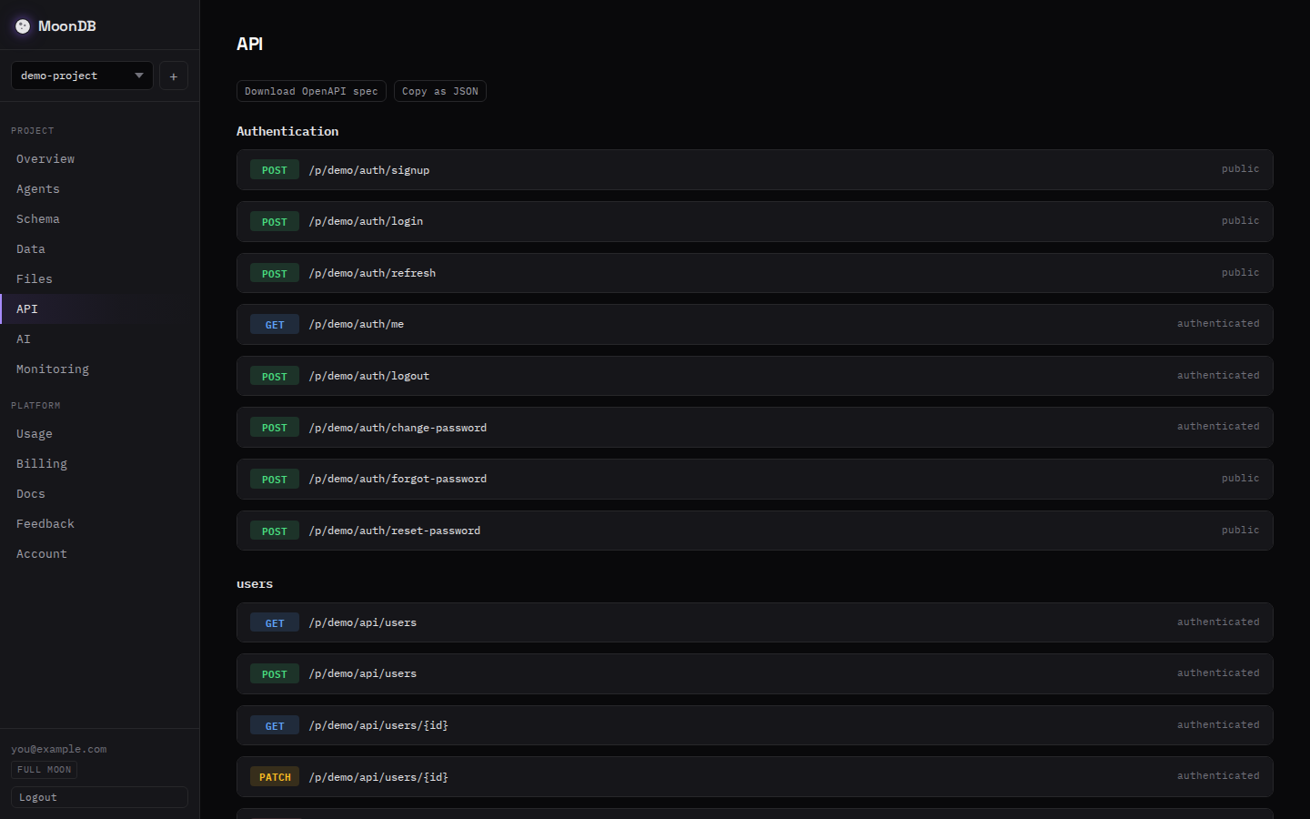 The MoonDB dashboard API view showing auto-generated REST endpoints