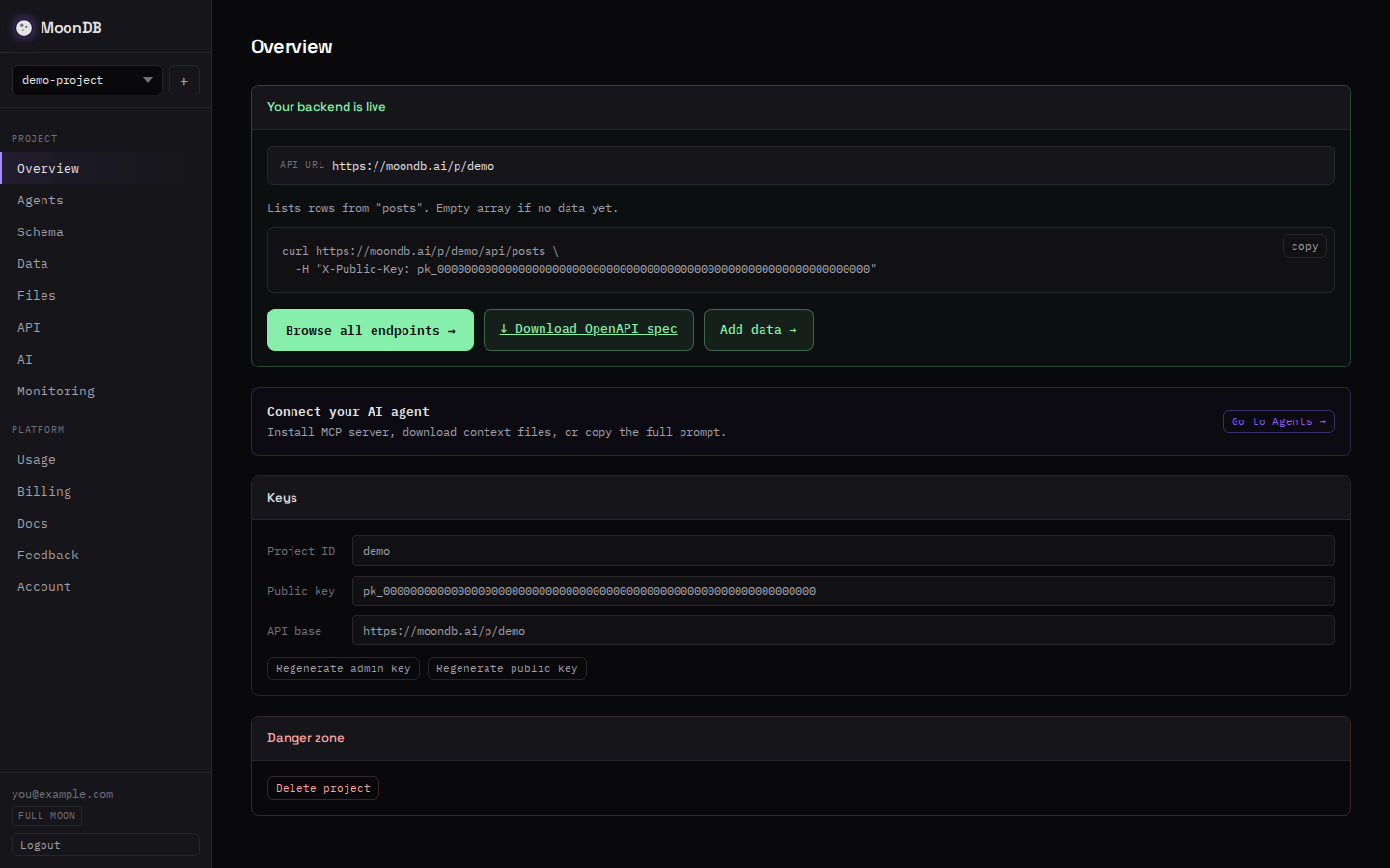 The MoonDB dashboard project overview showing a live API URL, public key, and a sample request for the provisioned backend